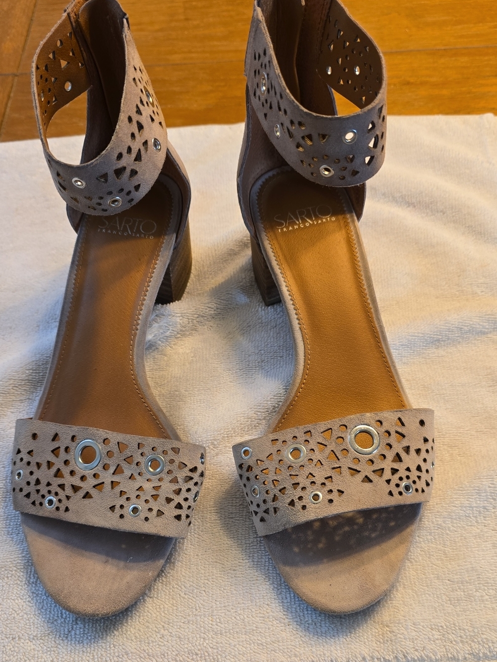 SARTO By Franco Sarto Taupe Suede Laser-Cut Ankle Strap Heels